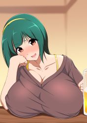 Rule 34 | 1girl, absurdres, alcohol, beer, breast rest, breasts, brown eyes, camisole, cleavage, green hair, head tilt, headband, highres, huge breasts, idolmaster, idolmaster (classic), instant loss, jabara tornado, looking at viewer, mature female, open mouth, otonashi kotori, sequential, short hair, solo, translation request, yellow headwear