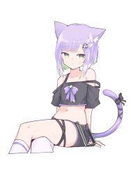 Rule 34 | 1girl, absurdres, animal ear fluff, animal ears, bare shoulders, belt, black shirt, black shorts, cat ears, cat girl, cat tail, colored inner hair, crop top, cropped legs, cropped shirt, crossed legs, expressionless, green eyes, green hair, highres, indie virtual youtuber, lyrinne, midriff, multicolored hair, navel, purple hair, second-party source, shirt, short hair, short shorts, short sleeves, shorts, shwaa, simple background, single thighhigh, sitting, strap slip, tail, thighhighs, virtual youtuber, white background