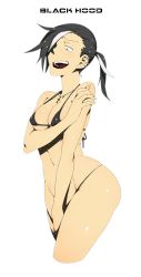 Rule 34 | 1girl, absurdres, bikini, bikini pull, black hair, black hood, breasts, clothes pull, cowboy shot, cross, hair over one eye, highres, jewelry, kamezaemon, medium breasts, multicolored hair, navel, necklace, original, ponytail, pulled by self, simple background, solo, swimsuit, two-tone hair, underboob, white hair
