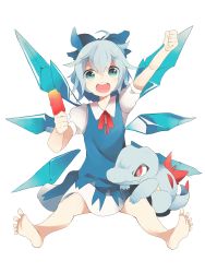 Rule 34 | 1girl, :d, absurdres, ahoge, bare legs, blouse, blue eyes, blue hair, bow, bowtie, cirno, collared shirt, commentary request, creatures (company), crossover, dress, food, game freak, gen 2 pokemon, hair bow, hair ribbon, highres, holding, ice, ice wings, looking at viewer, nintendo, open mouth, pinafore dress, pokemon, pokemon (creature), popsicle, raised fist, ribbon, shirt, short hair, simple background, sitting, sleeveless dress, smile, totodile, touhou, white background, white shirt, wings, yamaarashi (kakamiaku)