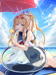 Rule 34 | 1girl, ball, bare shoulders, beach, beach towel, beach umbrella, beachball, blonde hair, blue eyes, blue one-piece swimsuit, blue sky, cagliostro (granblue fantasy), cagliostro (summer) (granblue fantasy), cloud, cloudy sky, commentary request, cup, day, drinking glass, drinking straw, fingernails, flower, food, fruit, full body, hair ornament, highres, holding, lemon, lemon slice, long hair, looking at viewer, ocean, one-piece swimsuit, original, outdoors, see-through, shijiuqaq, sidelocks, simple background, sky, sleeveless, solo, sunglasses on head, sunlight, swimsuit, thighs, towel, umbrella, water