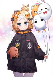 Rule 34 | 1girl, abigail williams (fate), abigail williams (traveling outfit) (fate), balloon, bandaid, bandaid on face, bandaid on forehead, black bow, black dress, blonde hair, blue eyes, blush, bow, chyoling, closed mouth, commentary request, dress, fate/grand order, fate (series), fou (fate), hair bow, hair bun, head tilt, holding, holding balloon, key, long hair, long sleeves, looking at viewer, medjed (fate), hugging object, official alternate costume, orange bow, parted bangs, polka dot, polka dot bow, single hair bun, sleeves past fingers, sleeves past wrists, solo, stuffed animal, stuffed toy, teddy bear, thigh gap