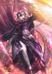 Rule 34 | 1girl, ahoge, armor, armored dress, belt, black thighhighs, breasts, chain, cloak, fate/grand order, fate (series), fire, flag, headpiece, highres, holding, holding flag, holding sword, holding weapon, jeanne d&#039;arc (fate), jeanne d&#039;arc alter (avenger) (fate), jeanne d&#039;arc alter (fate), kuroi susumu, looking at viewer, looking down, open mouth, short hair, silver hair, smile, solo, sword, thighhighs, weapon, yellow eyes