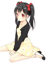 Rule 34 | 10s, 1girl, black hair, bow, dress, floral print, hair bow, highres, jpeg artifacts, looking at viewer, love live!, love live! school idol project, natsu (natume0504), no socks, print dress, red eyes, short hair, simple background, sitting, solo, twintails, wariza, yazawa nico