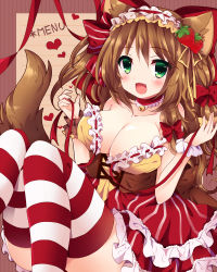 Rule 34 | 1girl, :d, animal ears, bad id, bad pixiv id, bell, blush, bodice, bow, breasts, brown hair, cat ears, cat tail, choker, cleavage, convenient leg, fang, food, food-themed hair ornament, frilled skirt, frills, fruit, green eyes, hair bow, hair ornament, hair ribbon, hairband, heart, jingle bell, knees up, large breasts, lolita hairband, long hair, looking at viewer, md5 mismatch, neck bell, no bra, open clothes, open mouth, open shirt, original, red skirt, resolution mismatch, ribbon, ribbon trim, scrunchie, shirt, skirt, smile, solo, strapless, strawberry, strawberry hair ornament, striped clothes, striped skirt, striped thighhighs, tail, thighhighs, thighs, tress ribbon, uguisu mochi (ykss35), undressing, vertical stripes, very long hair, wrist cuffs, wrist scrunchie