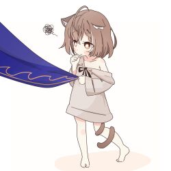 Rule 34 | 1girl, aged down, ahoge, alternate costume, animal ears, blush, braid, braided bangs, brown eyes, brown hair, brown hoodie, cape, cat ears, cat girl, cat tail, clothes pull, crossed bangs, hololive, hololive english, hood, hoodie, looking up, multicolored hair, nanashi mumei, off shoulder, official alternate hairstyle, oversized clothes, potato7192, short hair, squiggle, streaked hair, tail, tail wrap, virtual youtuber