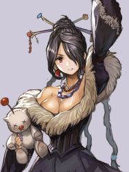 Rule 34 | 00s, 1girl, black hair, braid, braided bun, breasts, cleavage, corset, final fantasy, final fantasy x, fingernails, hair bun, hair ornament, hair over one eye, hair stick, hungry clicker, jewelry, large breasts, long fingernails, lulu (ff10), makeup, moogle, necklace, simple background, single hair bun, solo, square enix, stuffed toy