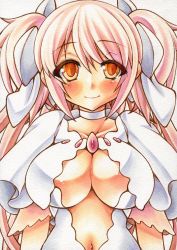 Rule 34 | 10s, 1girl, bow, breasts, cleavage, cleavage cutout, clothing cutout, hair bow, kaname madoka, large breasts, long hair, magical girl, mahou shoujo madoka magica, mahou shoujo madoka magica (anime), marker (medium), navel, pink hair, simple background, slit pupils, smile, solo, spoilers, traditional media, twintails, two side up, ultimate madoka, white background, yellow eyes, yutakasan-love