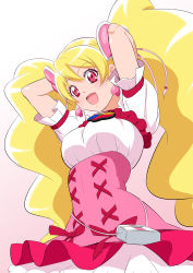 Rule 34 | 1girl, :d, arms behind head, arms up, blonde hair, breasts, cure peach, earrings, eyelashes, floating hair, fresh precure!, fuchi (nightmare), gradient background, hair between eyes, hair ornament, heart, heart earrings, heart hair ornament, highres, jewelry, layered skirt, long hair, medium breasts, miniskirt, open mouth, pink background, pink ribbon, pleated skirt, precure, red eyes, red skirt, ribbon, shirt, short sleeves, skirt, smile, solo, standing, two-tone skirt, underbust, very long hair, white background, white shirt, white skirt