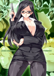 Rule 34 | 1girl, all the way through, black hair, breasts, bursting breasts, cleavage, cum, deep penetration, eyline avari, glasses, gun, huge breasts, large insertion, looking at viewer, nipple penetration, pregnant, skin tight, smash daisaku, solo, tentacles, tight clothes, weapon