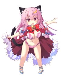 Rule 34 | 1girl, animal ears, bell, betei, bikini, blue bow, blunt bangs, bow, bowtie, breasts, cat ears, cat tail, cleavage, crescent, crescent hair ornament, crescent pin, full body, hair bow, hair ornament, jingle bell, kemonomimi mode, large breasts, long hair, looking at viewer, open mouth, outstretched arms, patchouli knowledge, pigeon-toed, purple bikini, purple hair, red bow, red bowtie, simple background, solo, standing, striped bikini, striped clothes, swimsuit, tail, touhou, white background