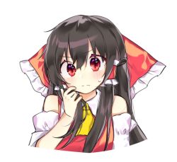 Rule 34 | 1girl, ascot, bad id, bad twitter id, bare shoulders, blouse, blush, bow, brown hair, cheunes, detached sleeves, drooping headgear, expressive clothes, fidgeting, hair bow, hakurei reimu, half updo, head tilt, long hair, looking at viewer, playing with own hair, red eyes, shirt, solo, straight hair, sweat, touhou, upper body, v-shaped eyebrows, wide-eyed, yellow ascot