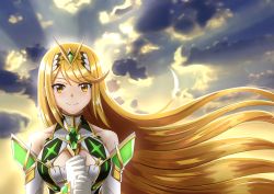 Rule 34 | 1girl, armor, bare shoulders, blonde hair, blush, breasts, cleavage, cleavage cutout, clothing cutout, cloud, day, elbow gloves, female focus, gem, gloves, glowing, hair ornament, headpiece, highres, jewelry, large breasts, long hair, looking at viewer, matching hair/eyes, mythra (xenoblade), nintendo, shoulder armor, sky, smile, solo, sunset, swept bangs, tears, tiara, very long hair, white gloves, xenoblade chronicles (series), xenoblade chronicles 2, yanwu-ji, yellow eyes