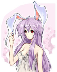 Rule 34 | 1girl, :o, animal ears, bare shoulders, breasts, rabbit ears, female focus, lingerie, long hair, nightgown, nipples, pink hair, piromizu, purple hair, red eyes, reisen udongein inaba, see-through, small breasts, solo, touhou, underwear