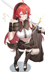 Rule 34 | 1girl, absurdres, bare arms, bare shoulders, beer mug, black footwear, black gloves, black shorts, black thighhighs, boots, breasts, crop top, cup, eris greyrat, fingerless gloves, glint, gloves, grin, highres, holding, holding sword, holding weapon, large breasts, long hair, looking at viewer, midriff, mug, mushoku tensei, navel, one eye closed, over shoulder, red eyes, red hair, shirt, short shorts, shorts, sleeveless, sleeveless shirt, smile, solo, standing, stomach, sword, sword over shoulder, thigh boots, thighhighs, very long hair, weapon, weapon over shoulder, white shirt, wing collar, xiu kukkii