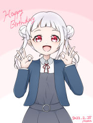Rule 34 | 1girl, arashi chisato, artist name, artist request, belt, blue cardigan, blue jacket, blush, bow, bowtie, breasts, buttons, cardigan, collared shirt, cropped jacket, double bun, double ok sign, dress, dress shirt, female focus, grey belt, grey shirt, grey skirt, hair bun, hair tie, jacket, long hair, long sleeves, looking at viewer, love live!, love live! superstar!!, miniskirt, neck ribbon, o-ring, o-ring belt, ok sign, parted lips, pink background, plaid, plaid skirt, pleated, pleated skirt, red bow, red eyes, red ribbon, ribbon, school uniform, shirt, skirt, small breasts, smile, solo, twintails, white hair, white shirt, wing collar, yuigaoka school uniform