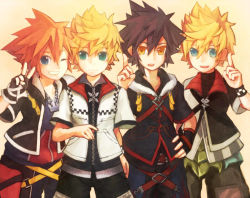 Rule 34 | 4boys, alternate costume, bad id, bad pixiv id, black hair, blonde hair, blue eyes, brown hair, chain, chain necklace, disney, fingerless gloves, gloves, jewelry, kingdom hearts, kingdom hearts birth by sleep, male focus, multiple boys, necklace, roxas, simple background, sora (kingdom hearts), square enix, ujicax, vanitas (kingdom hearts), ventus (kingdom hearts), wristband, yellow eyes
