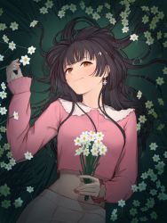 Rule 34 | 1girl, absurdres, black hair, blunt bangs, blush, check commentary, commentary request, crop top, daffodil, flower, grass, highres, holding, holding flower, idolmaster, idolmaster shiny colors, light smile, long sleeves, looking at viewer, lying, mayuzumi fuyuko, midriff, nail polish, on back, on grass, pink shirt, shirt, sjuno, solo