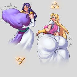 Rule 34 | 2girls, absurdres, ass, ass expansion, blonde hair, blue eyes, blush, breast expansion, breasts, covered erect nipples, female focus, gigantic breasts, gluteal fold, highres, huge ass, la potato, multiple girls, nintendo, pantylines, pointy ears, princess hilda, princess zelda, purple hair, red eyes, the legend of zelda, the legend of zelda: a link between worlds