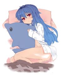 Rule 34 | 1girl, bad id, bad pixiv id, blue hair, blush, bottomless, dolphin, hinanawi tenshi, long hair, looking at viewer, no headwear, on bed, open clothes, open shirt, pillow, red eyes, shibatenko, shirt, simple background, solo, stuffed animal, stuffed toy, touhou, very long hair, white background