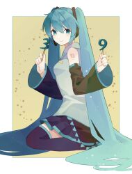 Rule 34 | 1girl, 39, aqua hair, black skirt, black thighhighs, blue eyes, blue hair, breasts, collared shirt, detached sleeves, gradient hair, grey shirt, hair ornament, hatsune miku, headphones, headset, highres, holding, long hair, looking at viewer, miku day, multicolored hair, pleated skirt, shakemi (sake mgmgmg), shirt, sitting, skirt, small breasts, solo, star (symbol), thighhighs, twintails, very long hair, vocaloid