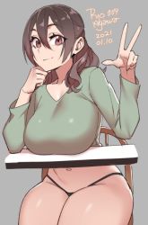 Rule 34 | 1girl, 2021, agawa ryou, breasts, brown eyes, brown hair, chair, commentary, dated, desk, grey background, large breasts, long hair, looking at viewer, navel, original, simple background, sitting, smile, solo, thick thighs, thighs, v