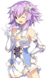 Rule 34 | 10s, 1girl, absurdres, alternate costume, armor, bare shoulders, blush, hair ornament, highres, knight, looking at viewer, neptune (neptunia), neptune (series), normaland, one eye closed, open mouth, purple eyes, purple hair, short hair, smile, solo, v