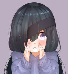 Rule 34 | 1girl, :o, absurdres, bad proportions, black hair, blush, fate/grand order, fate (series), hair over one eye, hand to own mouth, hands up, highres, hood, hood down, hoodie, long hair, long sleeves, looking at viewer, mochizuki chiyome (fate), open mouth, purple background, purple eyes, purple hoodie, simple background, sleeves past wrists, solo, tanuki (siutkm0228), very long hair