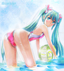 Rule 34 | 1girl, aqua eyes, aqua hair, ass, ball, beachball, bent over, blush, competition swimsuit, flat chest, from behind, hair ribbon, hatsune miku, long hair, looking back, mayo riyo, one-piece swimsuit, ribbon, solo, swimsuit, twintails, very long hair, vocaloid, wading, water