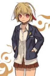 Rule 34 | 1girl, alternate costume, animal ears, berabou, blazer, blonde hair, brown skirt, rabbit ears, collared shirt, cowboy shot, crescent, crescent pin, ears down, flat chest, floppy ears, hair between eyes, hands in pockets, highres, jacket, miniskirt, mouth hold, no headwear, no headwear, patterned background, plaid, plaid skirt, pleated skirt, red eyes, ringo (touhou), shirt, short hair, skirt, smile, solo, thighs, toothpick, touhou, white background, white shirt