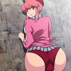 Rule 34 | 10s, 1girl, against wall, angry, animated, animated gif, ass, beret, buruma, from behind, hat, jacket, jakuzure nonon, kill la kill, leafhead, leaning forward, looking at viewer, looking back, lowres, pink eyes, pink hair, solo, track jacket
