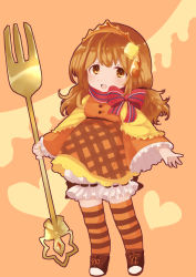Rule 34 | 1girl, bloomers, bow, brown eyes, brown hair, butter, food, food-themed hair ornament, fork, frills, full body, hair ornament, highres, long hair, looking at viewer, morinaga &amp; company, morinaga (brand), multicolored clothes, multicolored legwear, multicolored skirt, orange background, orange skirt, orange theme, original, oversized object, pancake, personification, shoes, skirt, smile, solo, standing, striped bow, striped clothes, striped thighhighs, thighhighs, tiara, toyosu toyosu, twintails, underwear, white bloomers