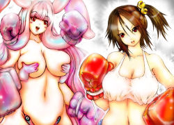 Rule 34 | bare shoulders, bell, boxer, boxing, boxing gloves, breast press, breasts, brown hair, covering privates, covering breasts, gloves, hair ornament, head tilt, hip focus, large breasts, long hair, melona (queen&#039;s blade), multiple girls, musubi, navel, pink hair, playing sports, queen&#039;s blade, sekirei, shirt, side ponytail, standing, tsukasawa takamatsu, upper body, wide hips