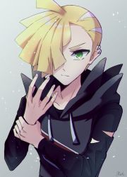 Rule 34 | 1boy, bad id, bad twitter id, blonde hair, closed mouth, collarbone, commentary request, creatures (company), ear piercing, fingernails, game freak, gladion (pokemon), green eyes, grey background, hair over one eye, hands up, highres, hood, hood down, hoodie, looking at viewer, male focus, nintendo, piercing, pokemon, pokemon sm, short hair, signature, solo, tere asahi, torn clothes, torn hoodie, upper body