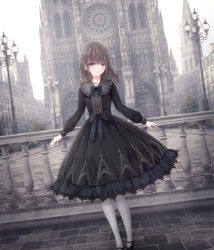Rule 34 | 1girl, black bow, black dress, black footwear, bow, brown hair, cathedral, closed mouth, collared dress, commentary request, day, dress, feet out of frame, frilled shirt collar, frills, gothic lolita, highres, lamppost, lolita fashion, long hair, long sleeves, looking at viewer, missile228, original, outdoors, pantyhose, puffy long sleeves, puffy sleeves, purple eyes, shoes, smile, solo, tower, white pantyhose