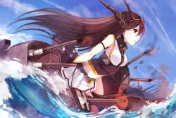 Rule 34 | 10s, 1girl, aircraft, airplane, bai kongque, bare shoulders, battleship, blue sky, brown hair, cannon, cloud, day, fingerless gloves, frown, gloves, headgear, headpiece, kantai collection, long hair, military, military vehicle, nagato (kancolle), ocean, personification, profile, red eyes, ship, skirt, sky, smoke, solo, thighhighs, very long hair, warship, watercraft, wind