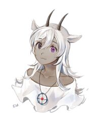 Rule 34 | 1other, :3, absurdres, androgynous, animal ears, brown eyes, dark skin, goat ears, goat horns, heterochromia, highres, horns, jewelry, looking at viewer, lumeru 33, necklace, original, purple eyes, shirt, simple background, solo, white background, white shirt
