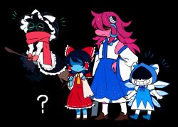 Rule 34 | 1girl, 3boys, ?, black background, cirno, cirno (cosplay), cosplay, crossover, deltarune, detached sleeves, gloves, hakurei reimu, hakurei reimu (cosplay), hat, ice, ice wings, japanese clothes, kirisame marisa, kirisame marisa (cosplay), kochiya sanae, kochiya sanae (cosplay), kris (deltarune), lancer (deltarune), miko, multiple boys, nontraditional miko, ralsei, scarf, soseji (tjduswjd), susie (deltarune), tagme, touhou, wings, witch, witch hat