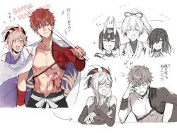 Rule 34 | 1boy, 3girls, blood, blood splatter, blue eyes, cape, closed eyes, commentary request, emiya shirou, eyepatch, fate/grand order, fate (series), hand on own face, holding, igote, japanese clothes, laughing, limited/zero over, medium hair, miyamoto musashi (fate), miyamoto musashi (first ascension) (fate), mochizuki chiyome (fate), multiple girls, pink hair, ponytail, red hair, senji muramasa (fate), shuten douji (fate), simple background, smile, sparkling eyes, tomoe gozen (fate), topless male, translation request, upper body, waltz (tram), white background, yellow eyes