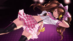 Rule 34 | 1girl, black bra, black thighhighs, blouse, bra, breasts, brown eyes, brown hair, cait aron, crop top, dutch angle, hair ribbon, headphones, highres, jacket, kujikawa rise, long hair, looking at viewer, medium breasts, midriff, navel, open clothes, open jacket, open shirt, persona, persona 4: dancing all night, persona dancing, print skirt, ribbon, shirt, skirt, solo, suspender skirt, suspenders, teeth, thighhighs, twintails, underwear, upper teeth only