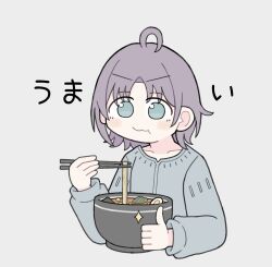 Rule 34 | 1girl, ahoge, asakura toru, blush, chopsticks, collarbone, commentary request, cropped torso, eating, food, highres, holding, holding chopsticks, idolmaster, idolmaster shiny colors, long sleeves, looking at viewer, noodles, purple hair, ramen, roozuka, shirt, short hair, solo, thumbs up, translation request, upper body