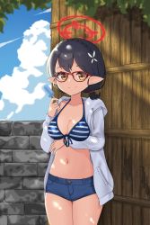 Rule 34 | absurdres, ayane (blue archive), ayane (swimsuit) (blue archive), bikini, black hair, blue archive, blush, denim, denim shorts, flower, food, glasses, hair flower, hair ornament, halo, highres, hrna, jacket, long sleeves, looking at viewer, navel, outdoors, pointy ears, popsicle, red-framed eyewear, short hair, short shorts, shorts, sky, smile, striped bikini, striped clothes, swimsuit, yellow eyes