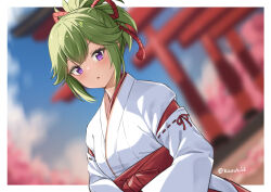 Rule 34 | 1girl, :o, blurry, blurry background, breasts, commentary, day, depth of field, english commentary, genshin impact, green hair, hakama, highres, japanese clothes, kaxukin, kimono, kuki shinobu, looking at viewer, parted lips, ponytail, purple eyes, red hakama, ribbon-trimmed sleeves, ribbon trim, small breasts, solo, torii, twitter username, upper body, white kimono