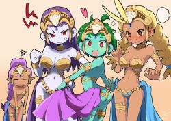 Rule 34 | 4girls, alternate costume, anger vein, angry, antenna hair, armor, ass, bikini, bikini armor, blonde hair, blush, bracelet, braid, breasts, brown eyes, cleavage, clenched hand, closed eyes, clothes lift, colored skin, cosplay, dark-skinned female, dark skin, embarrassed, full-face blush, green hair, green skin, groin, hand on own hip, io naomichi, jewelry, large breasts, long hair, looking back, medium breasts, multiple girls, navel, open mouth, pale skin, pointy ears, purple hair, red eyes, risky boots, rottytops, shantae, shantae (cosplay), shantae (series), shantae and the pirate&#039;s curse, short hair, showgirl skirt, skirt, skirt lift, sky (shantae), small breasts, smile, swimsuit, tiara, twin braids, twintails, very long hair, wayforward