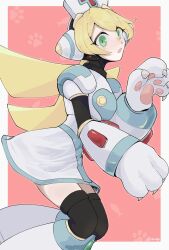 Rule 34 | 1girl, android, animal hands, blonde hair, cat girl, cat paws, cinnamon (mega man), commentary, green eyes, hat, highres, ktmckpp, long hair, mega man (series), mega man x: command mission, mega man x (series), nurse, nurse cap, solo, symbol-only commentary