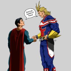 Rule 34 | 10s, 2boys, abs, all might, analeticia2017-cm, belt, belt buckle, black hair, blonde hair, blue eyes, bodysuit, boku no hero academia, buckle, cape, crossover, dc comics, english text, eye contact, facing another, from side, handshake, height difference, highres, huge filesize, looking at another, looking down, looking up, male focus, manly, multiple boys, muscular, parted lips, short hair, simple background, smile, speech bubble, standing, superhero costume, superman, superman (series), talking, teeth, trait connection, yagi toshinori