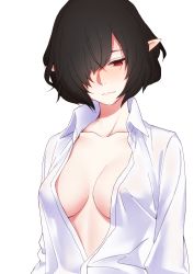 Rule 34 | 1girl, black hair, breasts, cleavage, closed mouth, commentary request, hair over one eye, highres, karasu hito, long sleeves, medium breasts, naked shirt, pointy ears, red eyes, shameimaru aya, shirt, short hair, solo, touhou, upper body, white background, white shirt