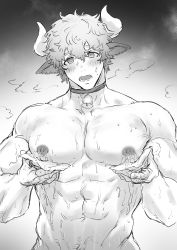 Rule 34 | 1boy, abs, animal ears, bandaid, bandaids on nipples, bara, bell, blush, breath, chinese zodiac, completely nude, cow boy, cow ears, cow horns, greyscale, haiki (tegusu), highres, horns, lactation, large pectorals, looking at viewer, male focus, male lactation, messy hair, monochrome, muscular, muscular male, navel, navel hair, neck bell, nipples, nude, original, pasties, pectorals, short hair, solo, stomach, sweat, textless version, upper body, year of the ox