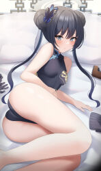Rule 34 | 1girl, absurdres, ass, bare legs, black dress, black hair, blue archive, blush, breasts, butterfly hair ornament, china dress, chinese clothes, covered collarbone, double bun, dress, elegant (sumisumi4268), gloves, grey hair, hair bun, hair ornament, halo, highres, kisaki (blue archive), long hair, lying, on bed, on side, pillow, sleeveless, sleeveless dress, small breasts, solo, unworn gloves