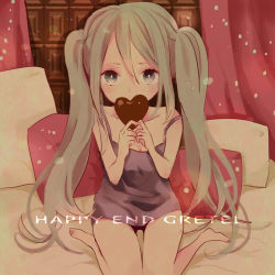 Rule 34 | 1girl, barefoot, bed, female focus, green hair, happy end gretel (vocaloid), hatsune miku, heart, indoors, long hair, macino, sitting, solo, twintails, vocaloid